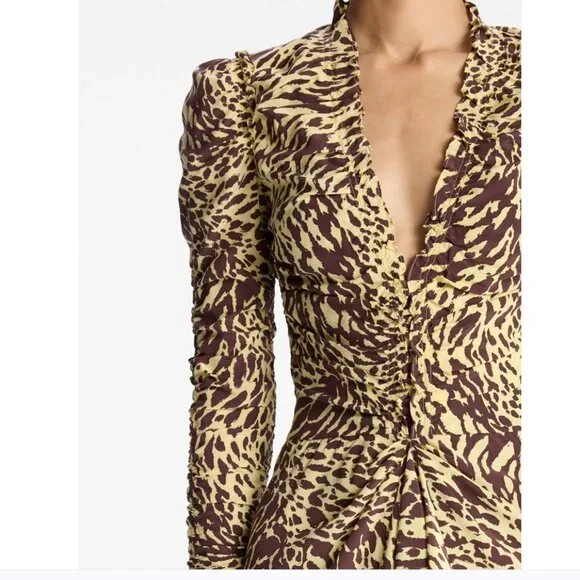 A.L.C. Marcie SILK Mini Dress NWT Golden Haze Chocolate Brown Leopard Brand New - Picture 4 of 14